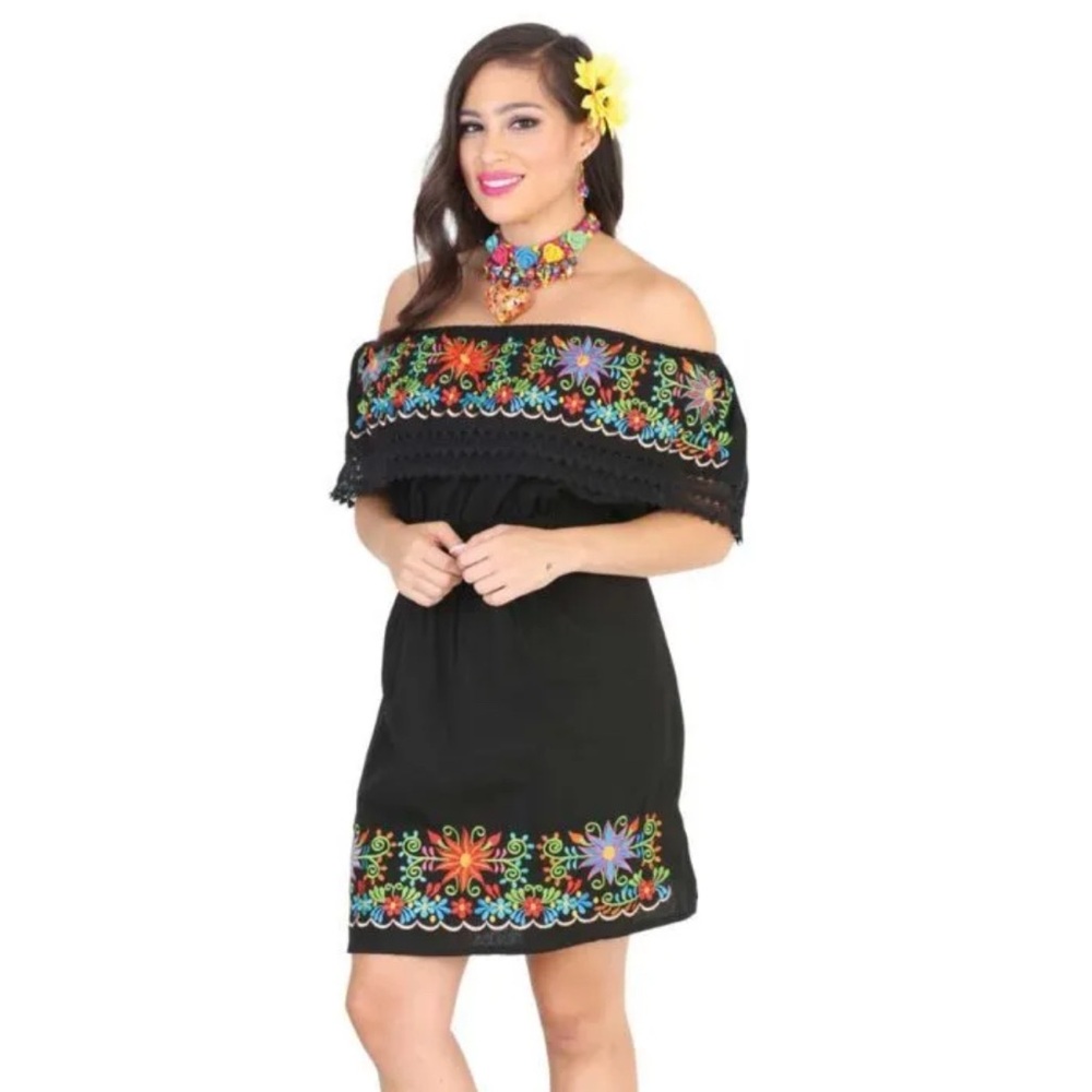 Elegant Black Mini Dress mexicana  with‎ Colorful Embroidery /vestido mexicano S